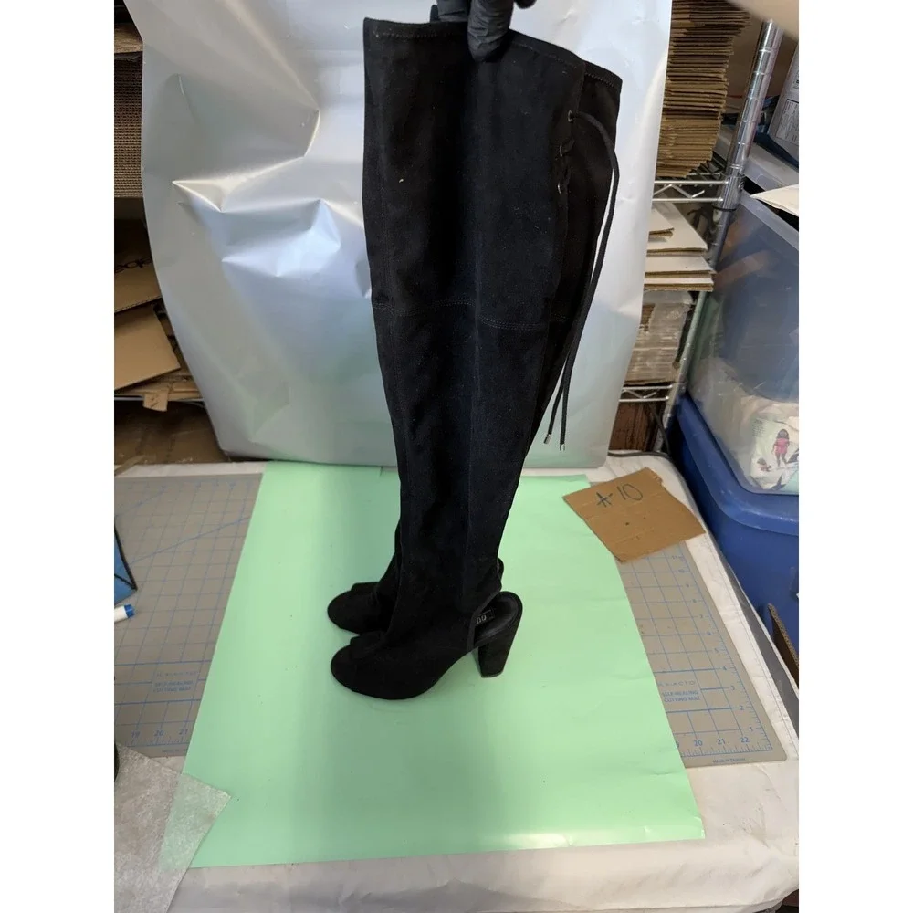 Guess Black Suede-Like Peep Toe Over-the-Knee Boots Women's Size 7M Lace-Up Heel